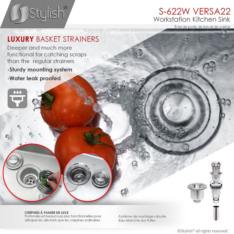 Stylish VERSA22 22" Workstation Single Bowl Undermount 16 Gauge Stainless Steel Kitchen Sink with Built in Accessories - S-622W