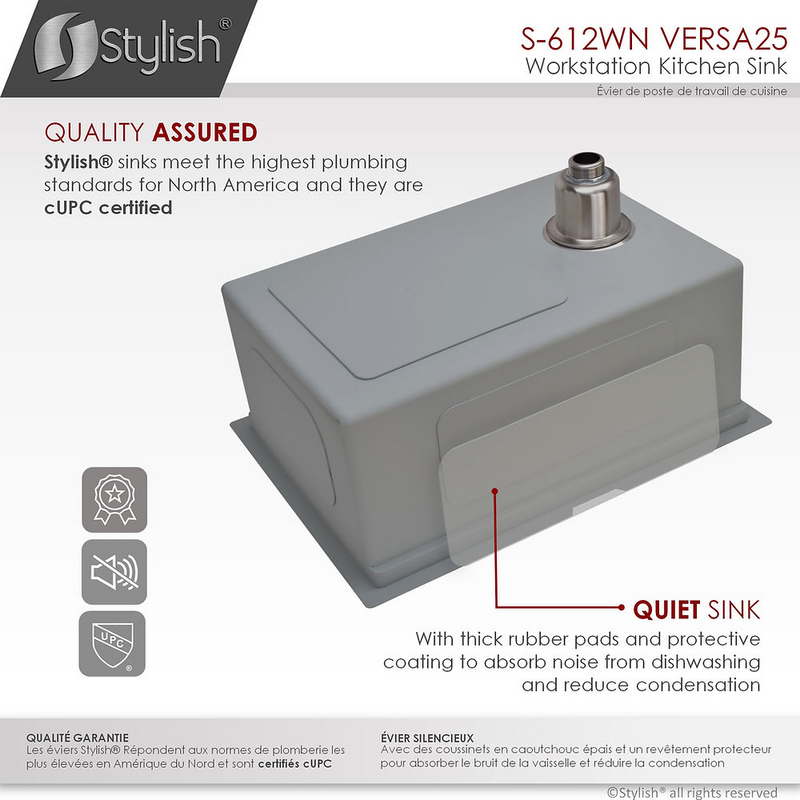 Stylish VERSA25 25" Handmade Workstation Single Bowl Kitchen Sink Built in Accessories