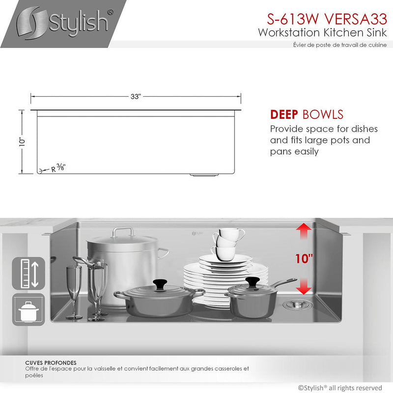 Stylish 33" VERSA33 S-613W Undermount Workstation Stainless Steel Single-Bowl Kitchen Sink with Accessories