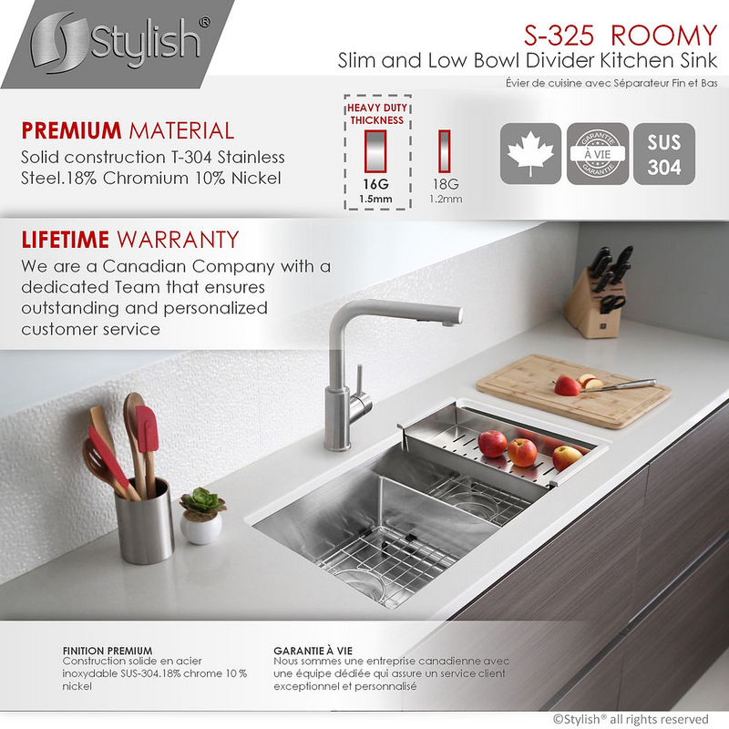 Stylish ROOMY 32" Double Bowl Kitchen Sink, 16 Gauge Stainless Steel with Grids and Basket Strainers - S-325XG