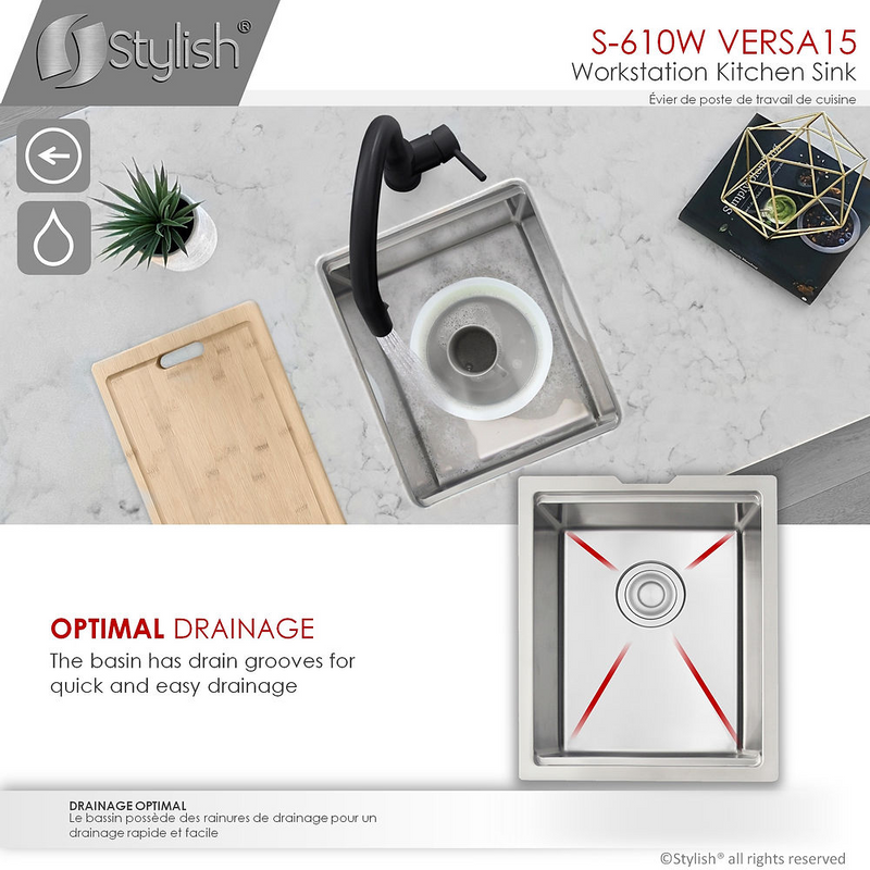 Stylish VERSA15 15" Workstation Single Bowl Undermount 16 Gauge Stainless Steel Kitchen Sink with Built in Accessories - S-610W