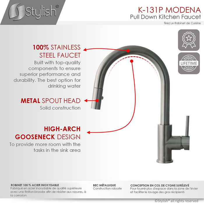 Stylish Modena Single Handle Pull Down Kitchen Faucet