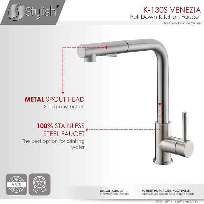 Stylish VENEZIA Single Handle Pull Down Kitchen Faucet