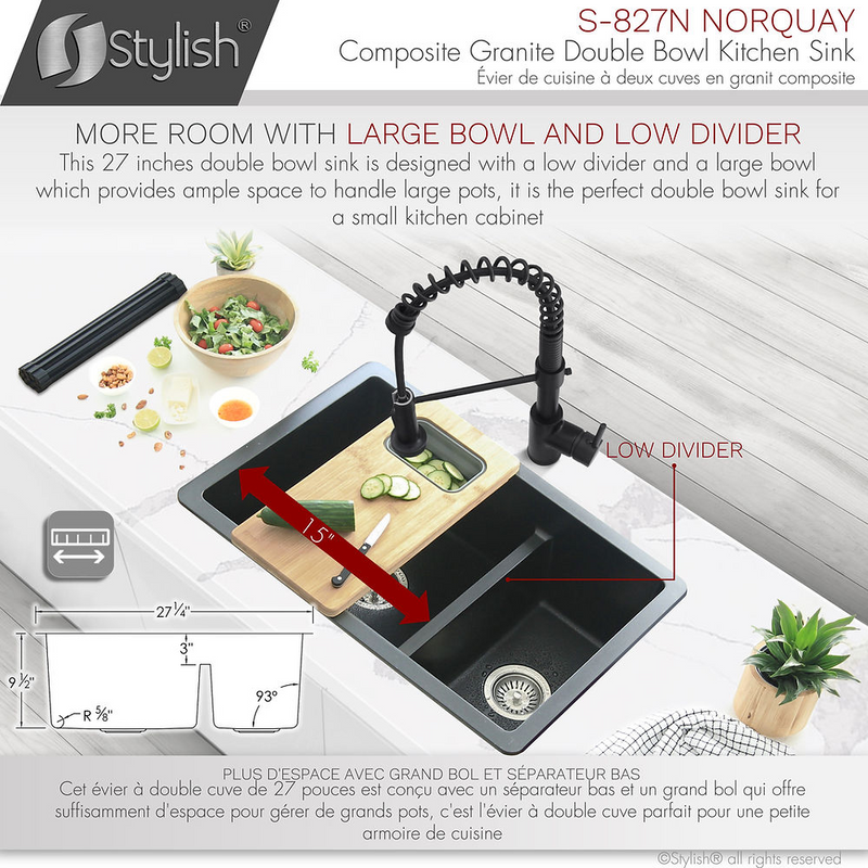 Stylish NORQUAY 27" Dual Mount 60/40 Double Bowl Composite Granite Kitchen Sink with Strainer