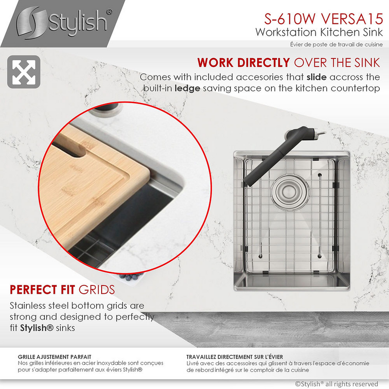 Stylish VERSA15 15" Workstation Single Bowl Undermount 16 Gauge Stainless Steel Kitchen Sink with Built in Accessories - S-610W