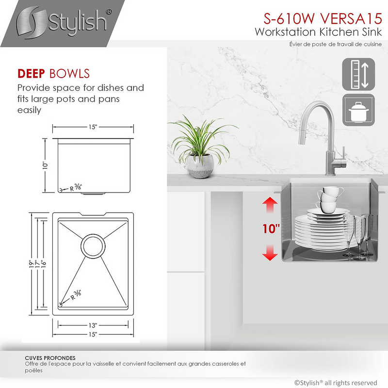 Stylish VERSA15 15" Workstation Single Bowl Undermount 16 Gauge Stainless Steel Kitchen Sink with Built in Accessories - S-610W