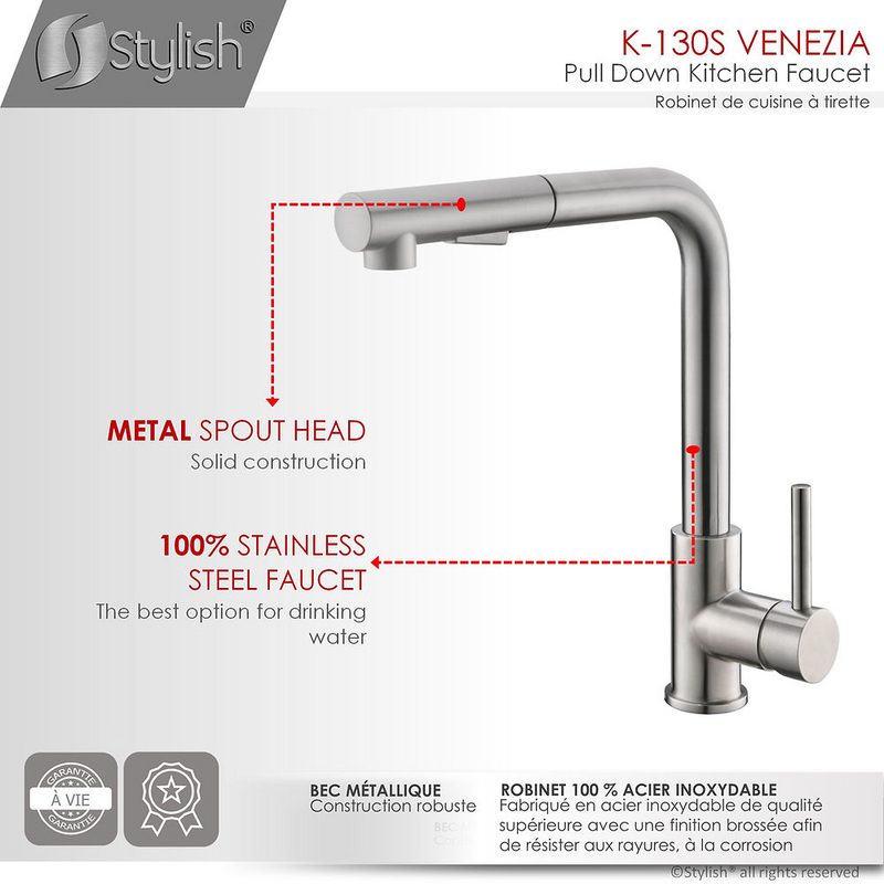 Stylish Pull Down 1.5 GPM Kitchen Faucet + Water Tap - Brushed Stainless Steel Finish - K130SK147S