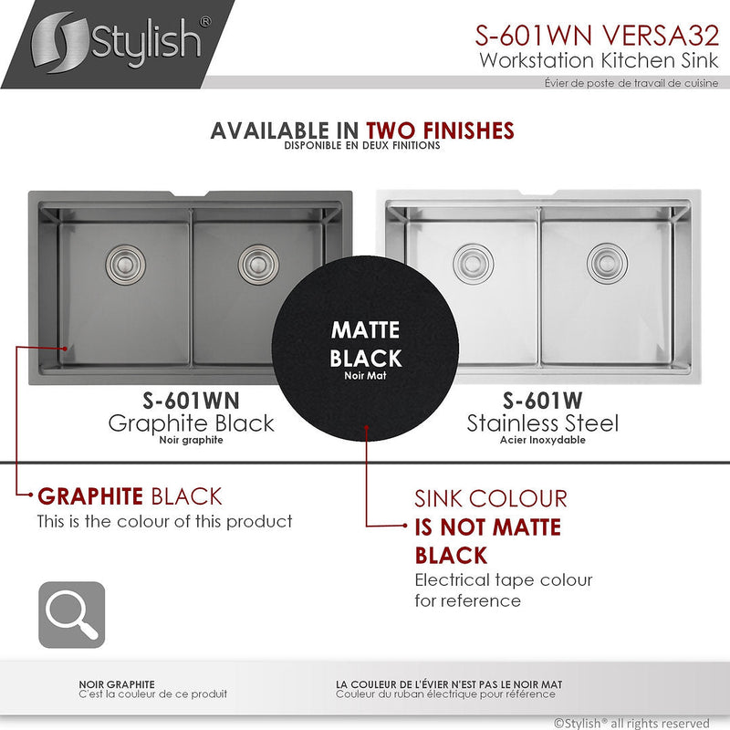 Stylish 32" VERSA32 S-601WN Workstation Double Bowl Undermount  Stainless Steel Kitchen Sink with Accessories