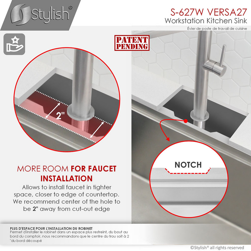 Stylish VERSA27 27" Workstation Single Bowl Undermount 16 Gauge Stainless Steel Kitchen Sink with Built in Accessories - S-627W
