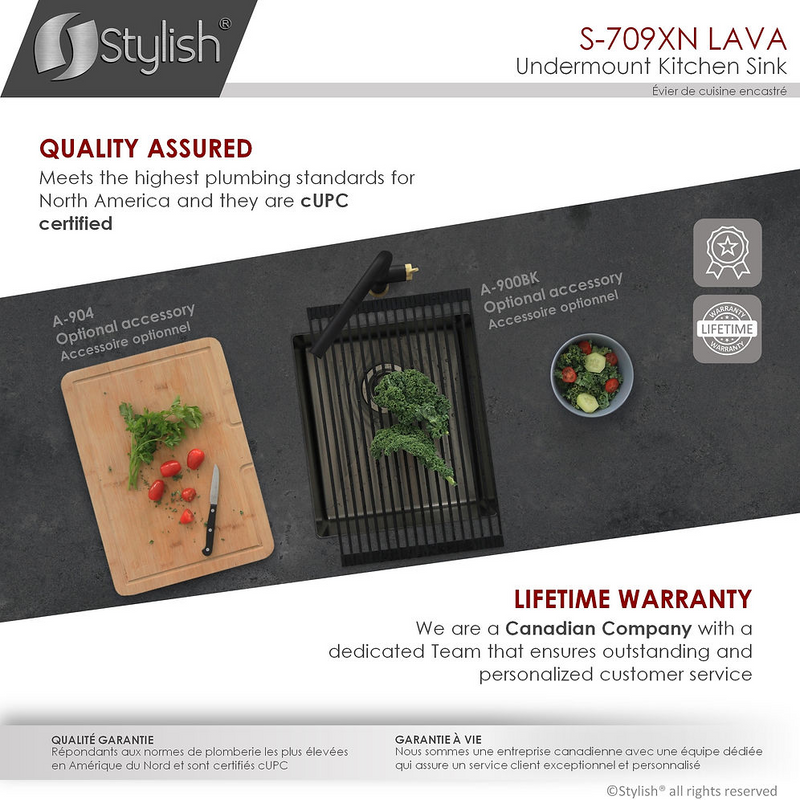 Stylish Lava 16" Graphite Black Single Bowl Undermount Stainless Steel Kitchen Sink with Grid & Basket Strainer - S-709XN