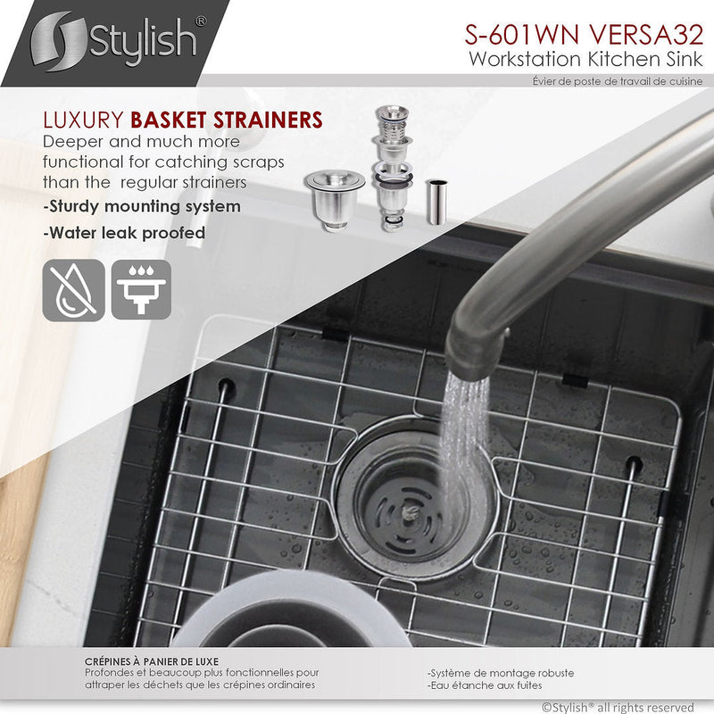 Stylish 32" VERSA32 S-601WN Workstation Double Bowl Undermount  Stainless Steel Kitchen Sink with Accessories