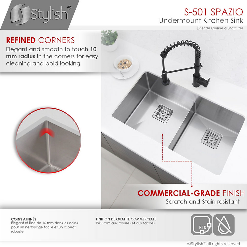 Stylish SPAZIO 33" Double Bowl Kitchen Sink, 16 Gauge Stainless Steel with Grids and Square Basket Strainers - S-501XG