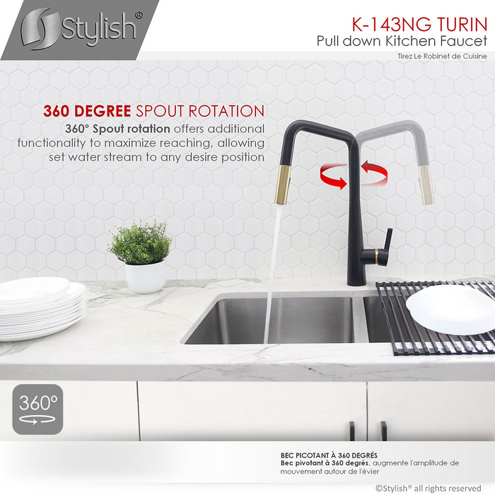 Stylish TURIN 1.8 GPM Single Handle Pull Down Kitchen Faucet - Matte Black/Gold Finish - K-143NG