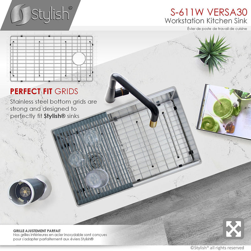Stylish 30" VERSA30 S-611W Workstation Single Bowl Undermount Stainless Steel Kitchen Sink with Accessories