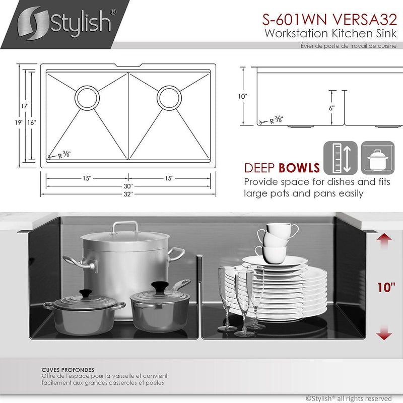 Stylish 32" VERSA32 S-601WN Workstation Double Bowl Undermount  Stainless Steel Kitchen Sink with Accessories
