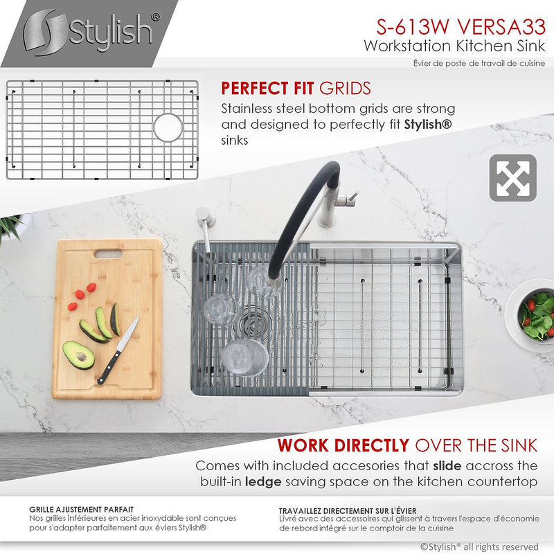 Stylish 33" VERSA33 S-613W Undermount Workstation Stainless Steel Single-Bowl Kitchen Sink with Accessories