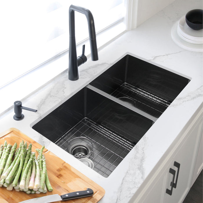 Stylish 32" OPAL S-701XN Graphite Black Double Bowl Undermount Stainless Steel Kitchen Sink with Grids and Basket Strainers