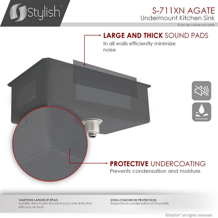Stylish Agate 30" Graphite Black Single Bowl Undermount Stainless Steel Kitchen Sink with Grid & Basket Strainer - S-711XN