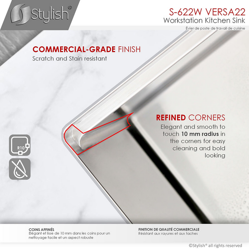 Stylish VERSA22 22" Workstation Single Bowl Undermount 16 Gauge Stainless Steel Kitchen Sink with Built in Accessories - S-622W