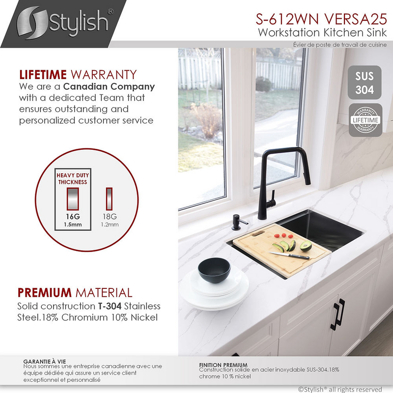 Stylish VERSA25 25" Handmade Workstation Single Bowl Kitchen Sink Built in Accessories