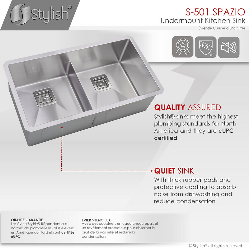 Stylish SPAZIO 33" Double Bowl Kitchen Sink, 16 Gauge Stainless Steel with Grids and Square Basket Strainers - S-501XG