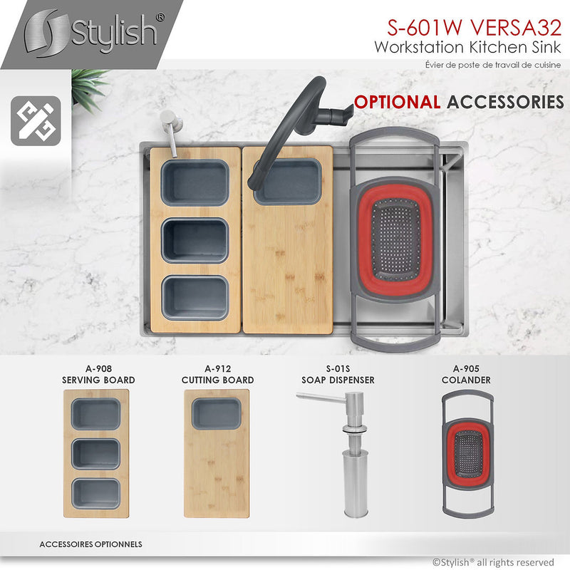 Stylish 32" VERSA32 S-601W Undermount Workstation Double Bowl Stainless Steel Kitchen Sink with Accessories
