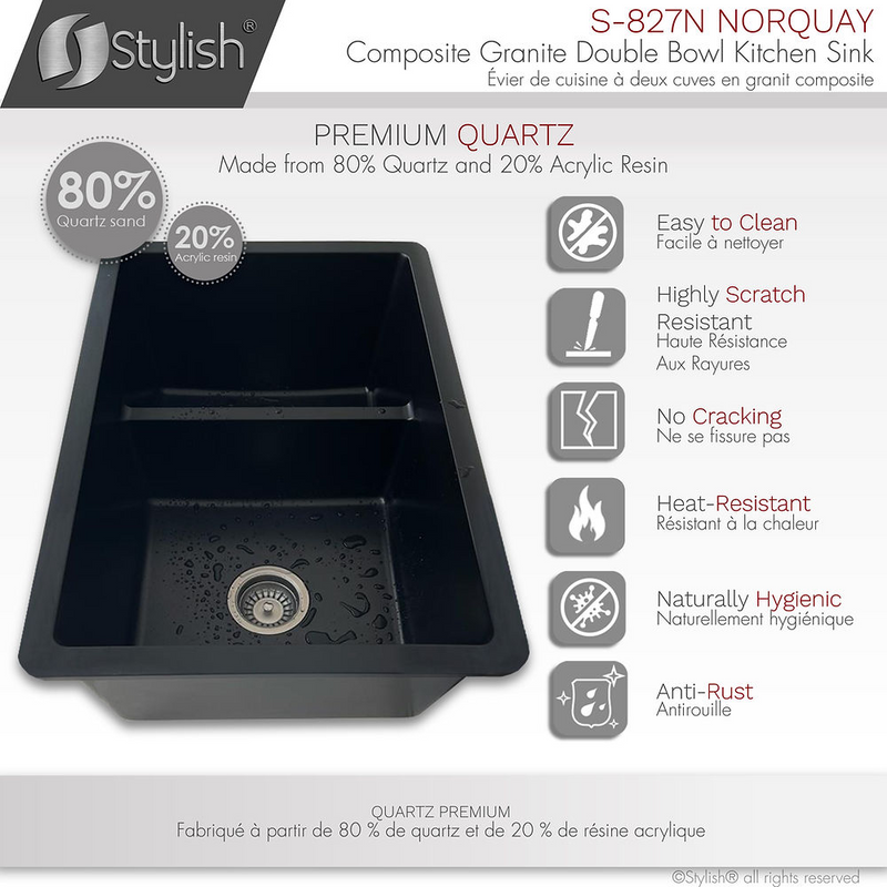 Stylish NORQUAY 27" Dual Mount 60/40 Double Bowl Composite Granite Kitchen Sink with Strainer