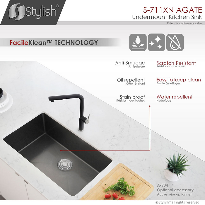 Stylish Agate 30" Graphite Black Single Bowl Undermount Stainless Steel Kitchen Sink with Grid & Basket Strainer - S-711XN