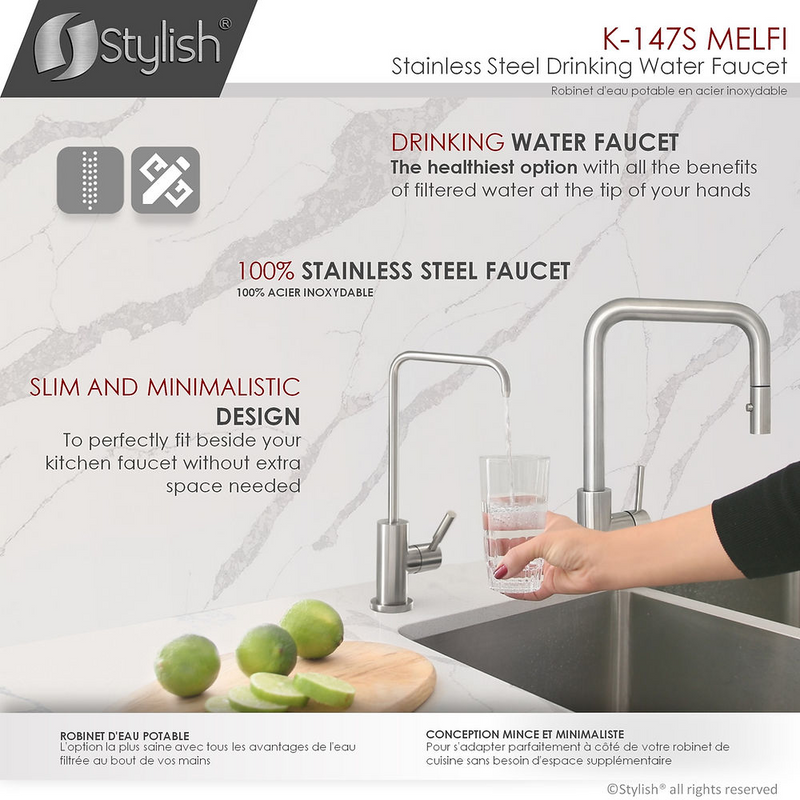 Stylish Pull Down 1.5 GPM Kitchen Faucet + Water Tap - Brushed Stainless Steel Finish - K130SK147S