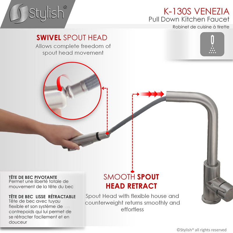 Stylish Pull Down 1.5 GPM Kitchen Faucet + Water Tap - Brushed Stainless Steel Finish - K130SK147S