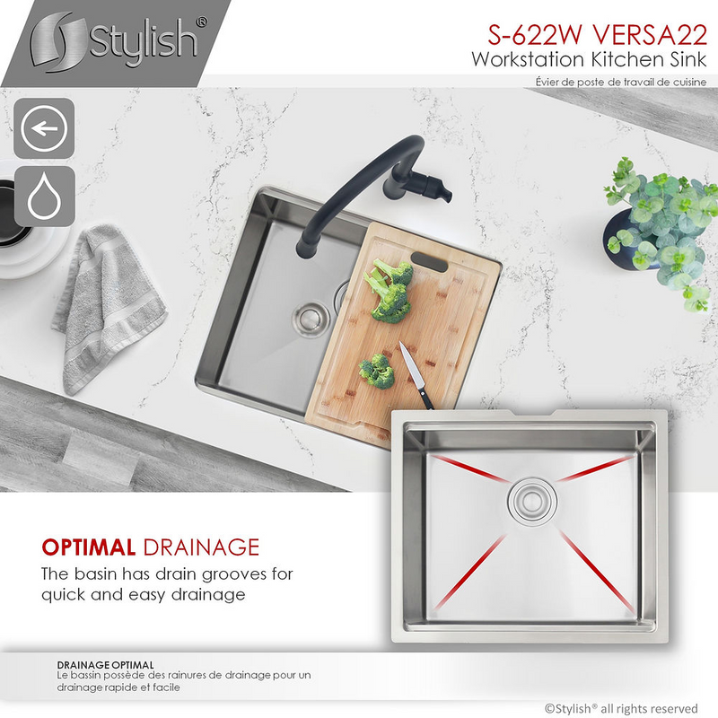 Stylish VERSA22 22" Workstation Single Bowl Undermount 16 Gauge Stainless Steel Kitchen Sink with Built in Accessories - S-622W