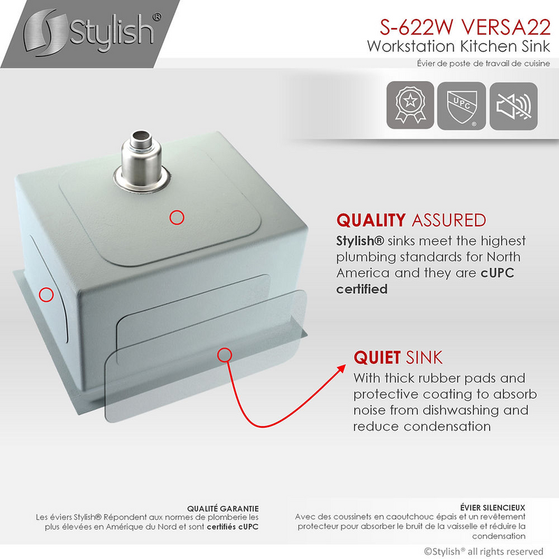 Stylish VERSA22 22" Workstation Single Bowl Undermount 16 Gauge Stainless Steel Kitchen Sink with Built in Accessories - S-622W