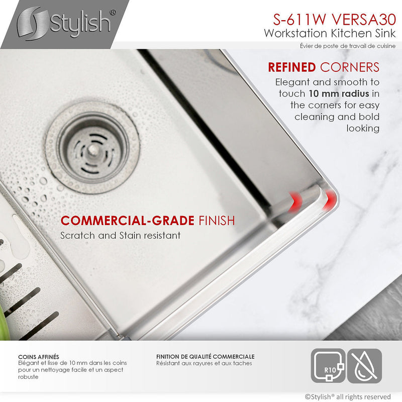 Stylish 30" VERSA30 S-611W Workstation Single Bowl Undermount Stainless Steel Kitchen Sink with Accessories