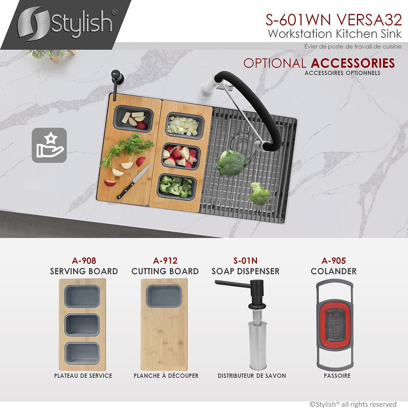 Stylish 32" VERSA32 S-601WN Workstation Double Bowl Undermount  Stainless Steel Kitchen Sink with Accessories