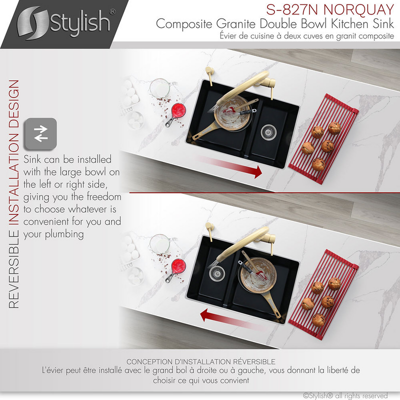 Stylish NORQUAY 27" Dual Mount 60/40 Double Bowl Composite Granite Kitchen Sink with Strainer