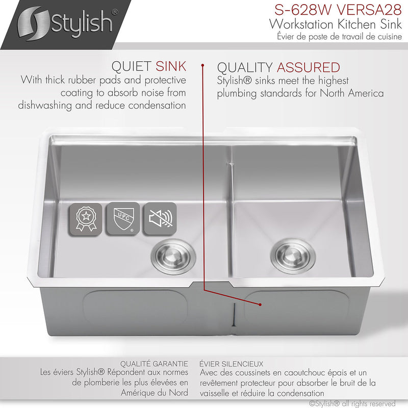 Stylish 28" VERSA28 S-628W Workstation 60/40 Double Bowl Undermount Stainless Steel Kitchen Sink with Accessories