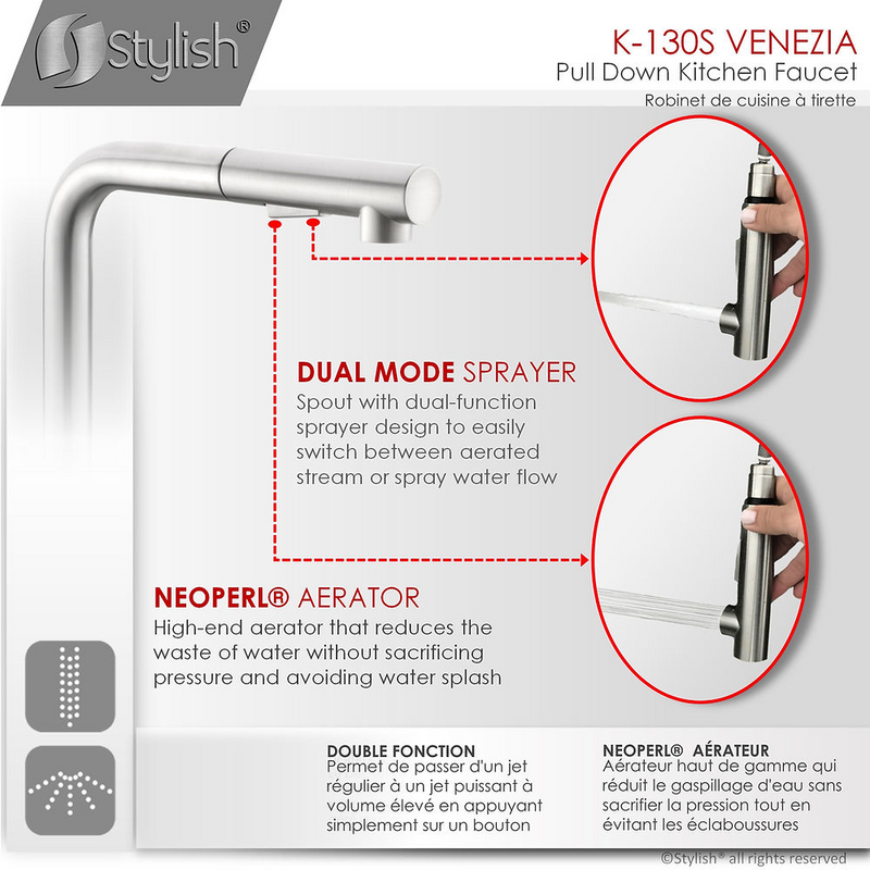 Stylish Pull Down 1.5 GPM Kitchen Faucet + Water Tap - Brushed Stainless Steel Finish - K130SK147S