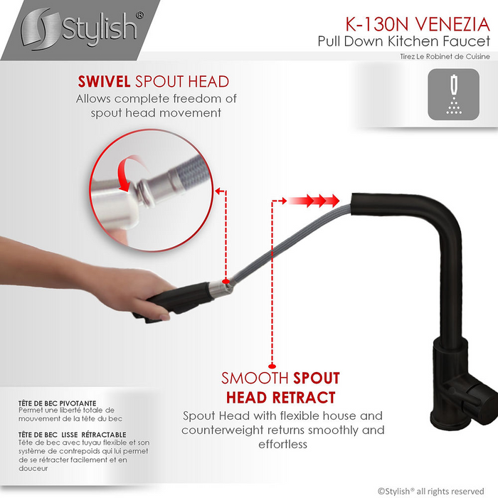 Stylish VENEZIA 1.5 GPM Pull Down Kitchen Faucet + Water Tap - Matte Black Finish - K130NK147N