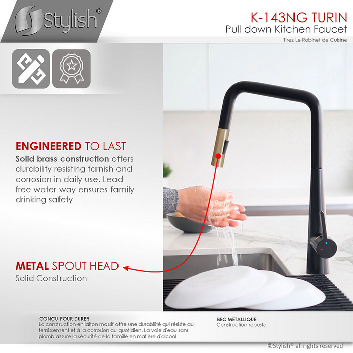 Stylish TURIN 1.8 GPM Single Handle Pull Down Kitchen Faucet - Matte Black/Gold Finish - K-143NG