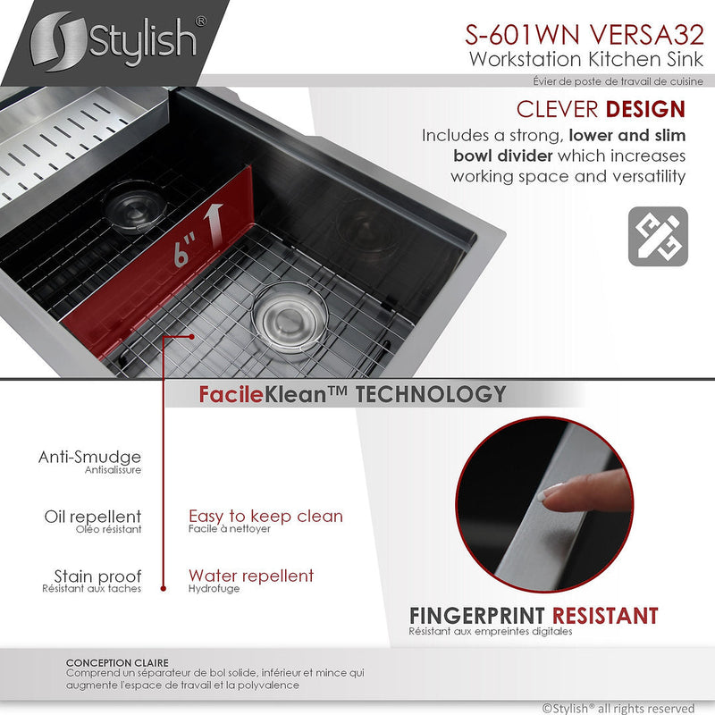 Stylish 32" VERSA32 S-601WN Workstation Double Bowl Undermount  Stainless Steel Kitchen Sink with Accessories