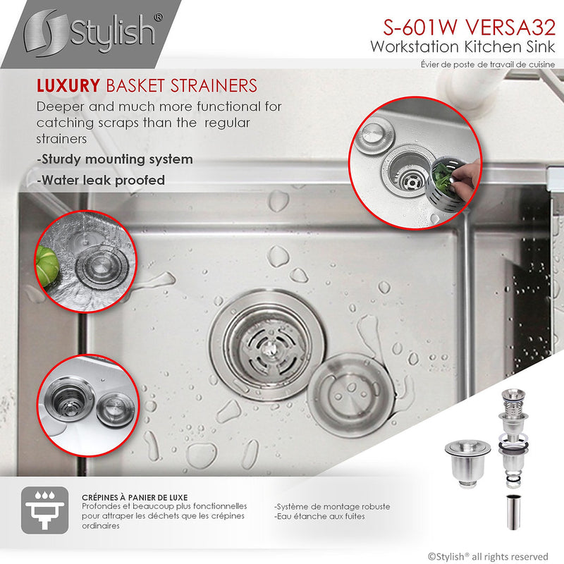 Stylish 32" VERSA32 S-601W Undermount Workstation Double Bowl Stainless Steel Kitchen Sink with Accessories