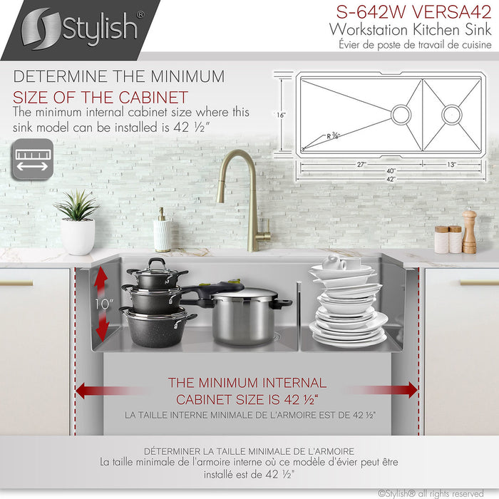 Stylish S-642W 42 inch Stainless Steel Workstation 70/30 Double Bowl Undermount Kitchen Sink with Accessories