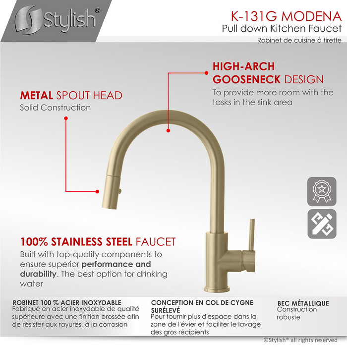 Stylish Modena Pull Down Kitchen Faucet & Water Tap