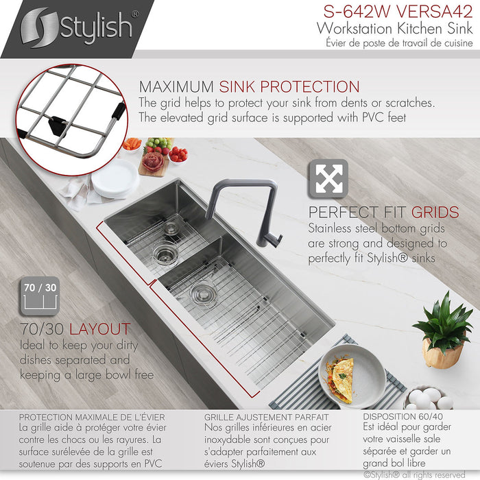 Stylish S-642W 42 inch Stainless Steel Workstation 70/30 Double Bowl Undermount Kitchen Sink with Accessories