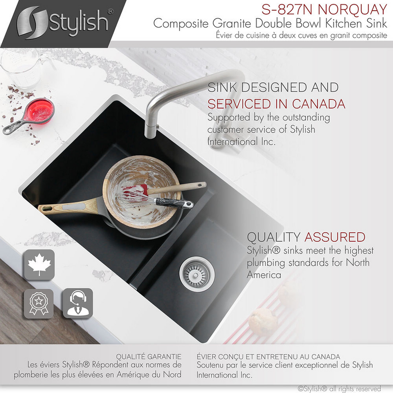 Stylish NORQUAY 27" Dual Mount 60/40 Double Bowl Composite Granite Kitchen Sink with Strainer
