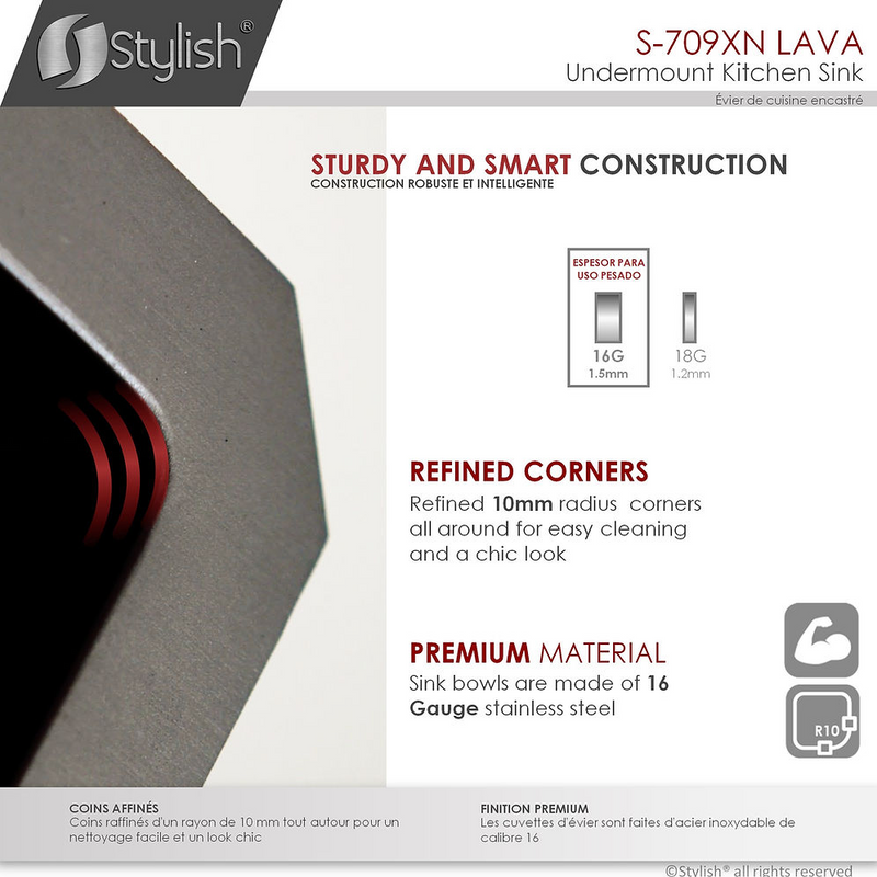 Stylish Lava 16" Graphite Black Single Bowl Undermount Stainless Steel Kitchen Sink with Grid & Basket Strainer - S-709XN