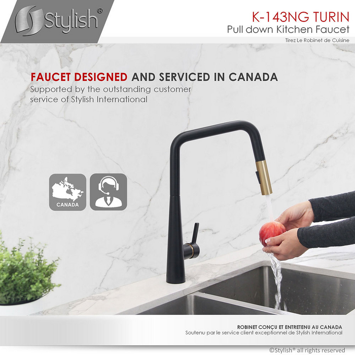 Stylish TURIN 1.8 GPM Single Handle Pull Down Kitchen Faucet - Matte Black/Gold Finish - K-143NG