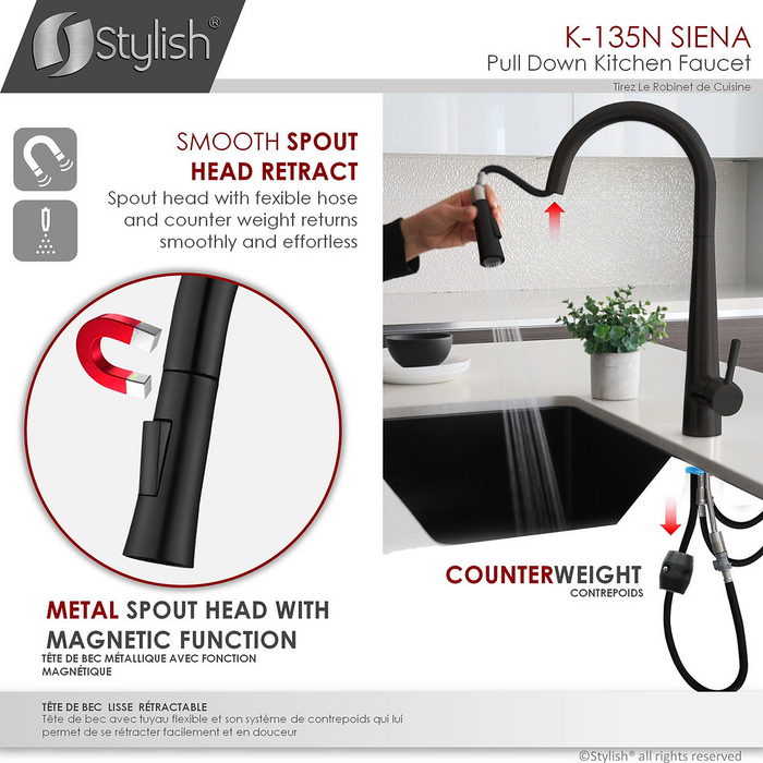 Stylish SIENA Single Handle Pull Down Kitchen Faucet