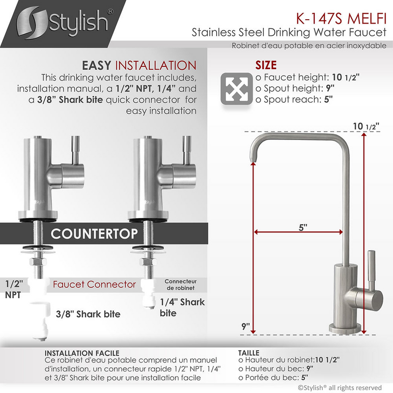 Stylish Pull Down 1.5 GPM Kitchen Faucet + Water Tap - Brushed Stainless Steel Finish - K130SK147S