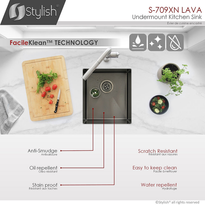 Stylish Lava 16" Graphite Black Single Bowl Undermount Stainless Steel Kitchen Sink with Grid & Basket Strainer - S-709XN